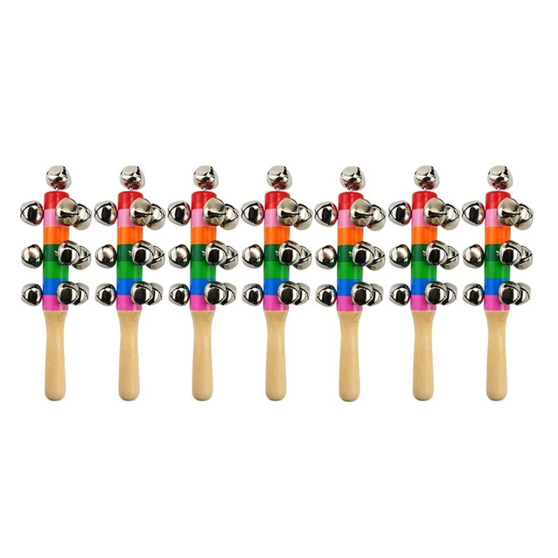 

New-7 Pcs Wooden Hand Bells, Rainbow Jingle Bells Stick Handle Musical Shaker Rattle For Boys And Girls