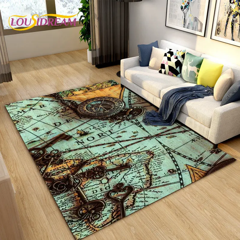 

3D Retro Compass Map World Map Area Rug,Carpet Rug for Living Room Bedroom Sofa Decoration,Kitchen Doormat Non-slip Floor Mat