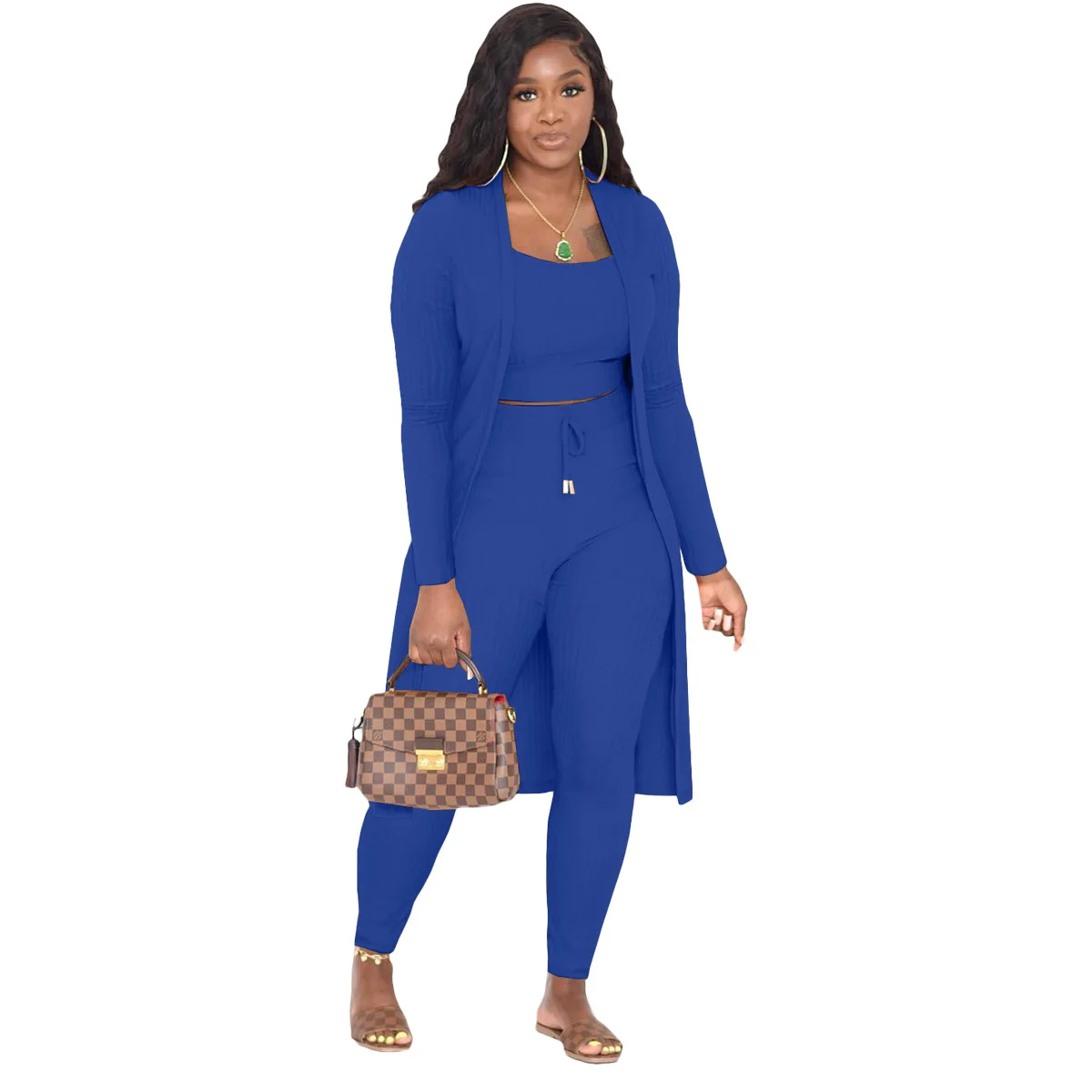 Fashion  Pijamas Women's Sling Long Cloak Pit Strip Solid Color 3-Piece Set Sleepwear