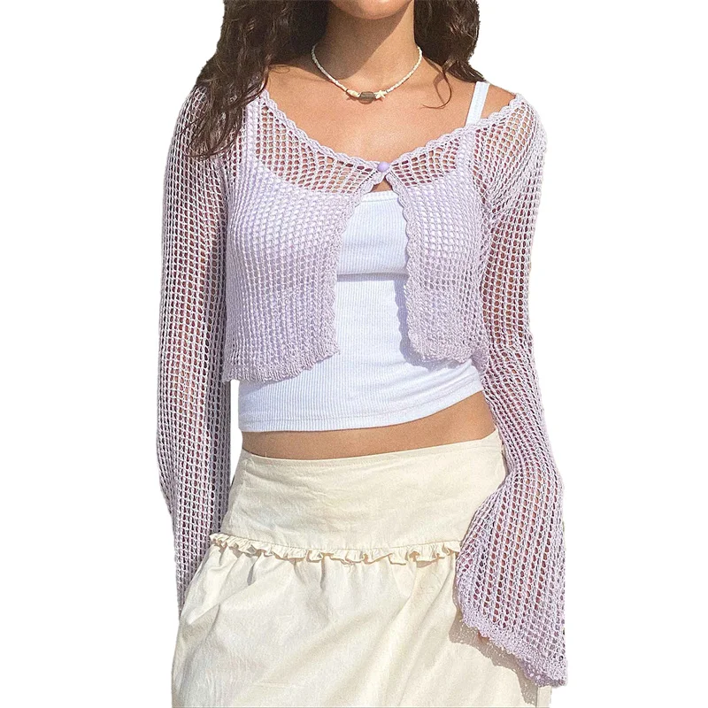 

Women Crochet Knit Cardigan Solid Fall Spring Long Sleeve Hollowe Out Single Button Sweaters Slim Crop Tops Casual Streetwear