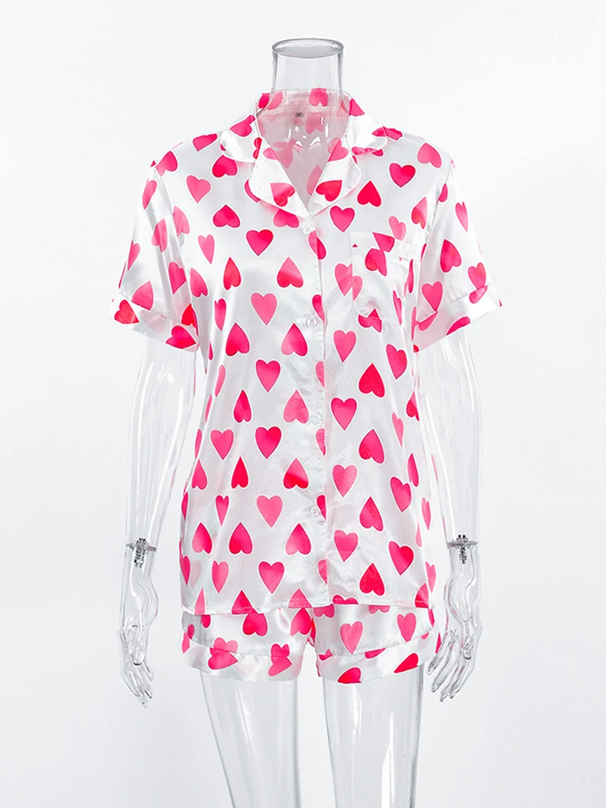 Marthaqiqi Printing Love Women Pajamas Sets Sexy Turn-Down Collar Nightwear Short Sleepwear Shorts Women'S Casual Summer Suits