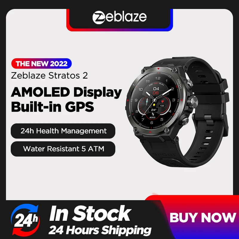

[The New 2022] Zeblaze Stratos 2 GPS Smart Watch AMOLED Display 24h Health Monitor 5 ATM Long Battery Life Smartwatch for Men