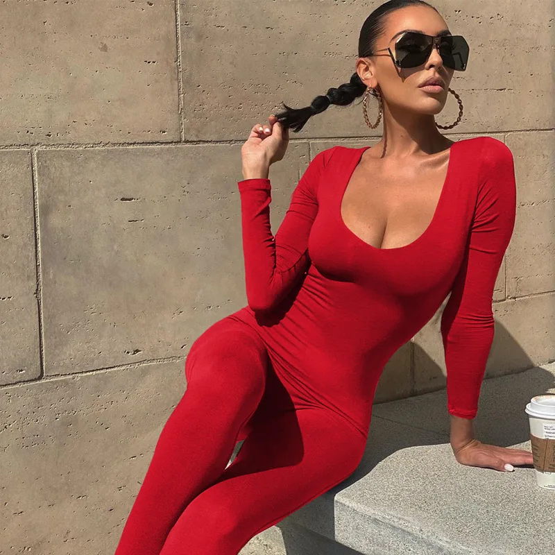 

2022 Autumn Winter Long Sleeve Jumpsuit Women V Neck Bodycon Rompers Womens Jumpsuit Black Casual Fitness Streetwear Overalls