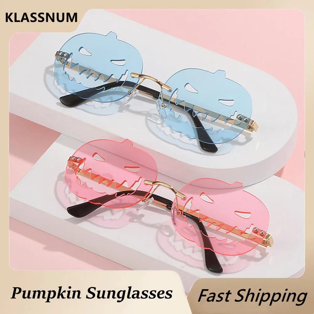 

Pumpkin Shape Sunglasses Irregular Rimless Sun Glasses Trendy Fun Sunglasses for Women Men Halloween Party Cosplay Eyewear