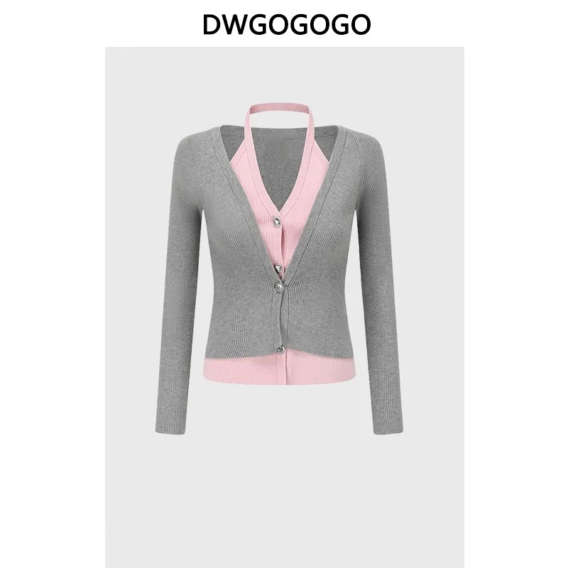 

Autumn Winter Fashionable Stitching Fake Two-piece Set Knitwear Shirt Slimming Female Top Design Sense