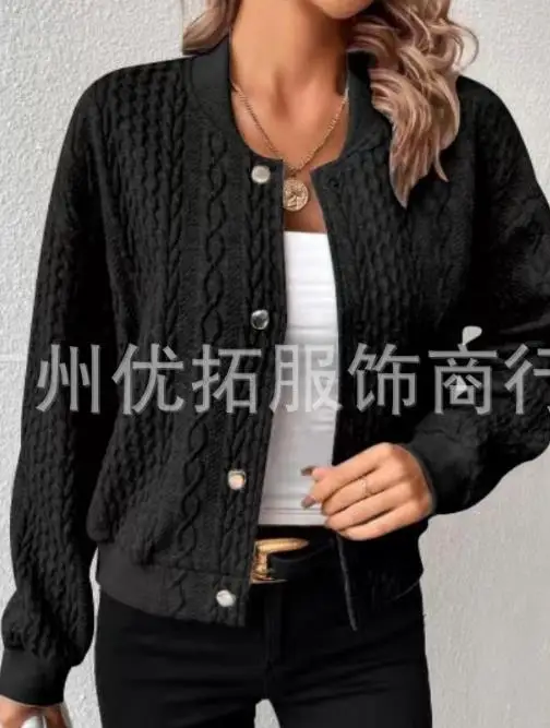 

Casual Baseball Jacket Autumn Standing Collar Loose Fitting Jacquard Long Sleeves Commuting Fashion Three Single Breasted Coat