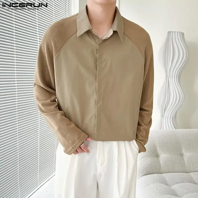 

2023 Summer INCERUN Tops Men's Shirt Long Sleeve Stitching Color Oversized Shirt Casual Tops Tee Men Clothing S-5XL Black Shirts