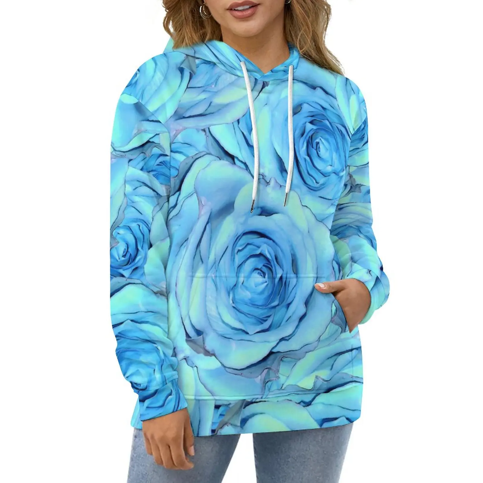 

Blue Rose Print Hoodies Flowers Design Hip Hop Casual Pullover Hoodie Long-Sleeve Funny Design Sweatshirts Birthday Gift