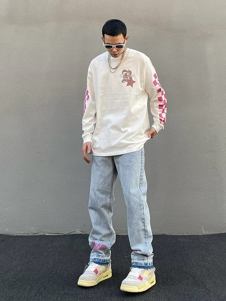 Y2K Retro Letter Embroidery Ripped Men's Jeans Harajuku Retro Straight Washed Pants Casual Oversized Denim Trousers Streetwear