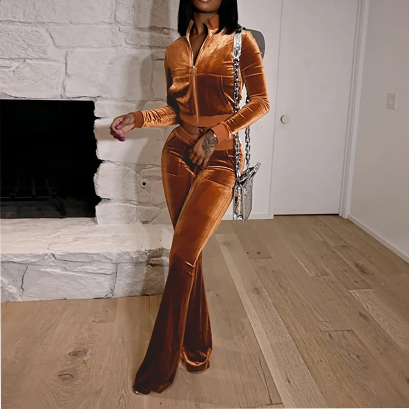

Sexy Lady Zipper Women Sets Crop Tops Hoodies Long Pants Outfits Tracksuit 2 Two Pieces Sets Velvet Autumn Activewear G3043