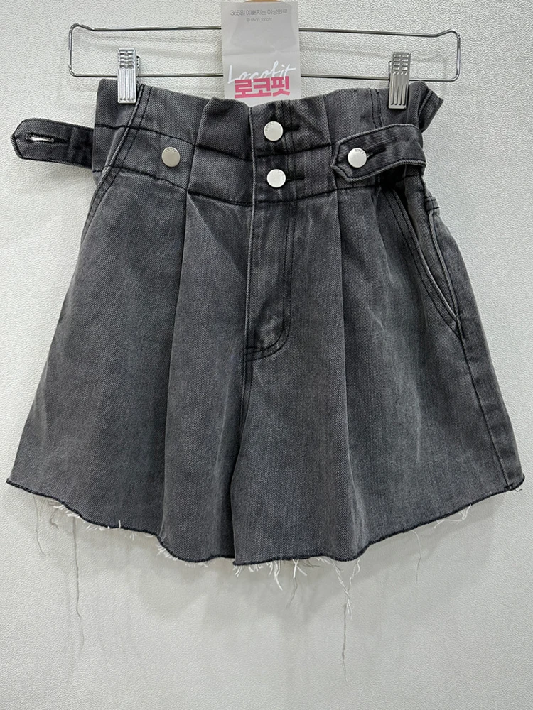 DFRCAEG 2023 Summer Denim Shorts For Women High Waist Stretch Blue Or Black Raw Edge Jeans Short With Pockets Wide Leg Pants