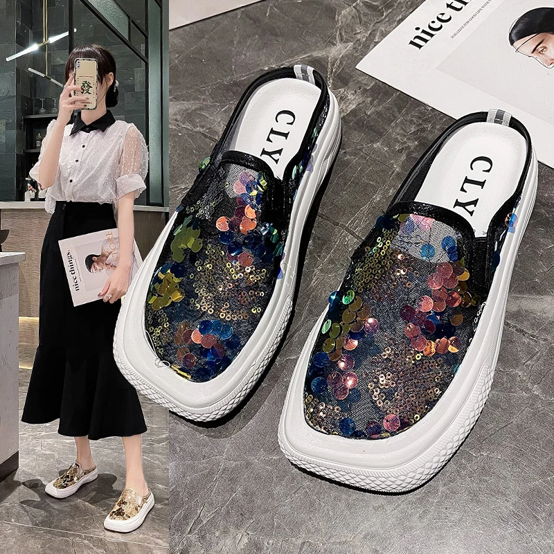 Tennis Bling Mesh Square Gold Silver Black Casual Shoes Luxury Women's Rubber Slippers Sandals Summer 2023 Comfortable Shoe