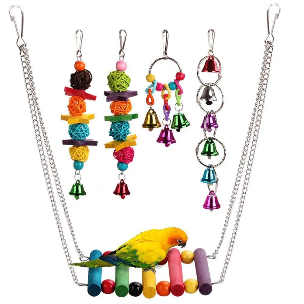 

Wooden Parrot Toy Set Swing Hanging Bell Rattan Ball Chewing Toy Pet Cage Accessories For Birds