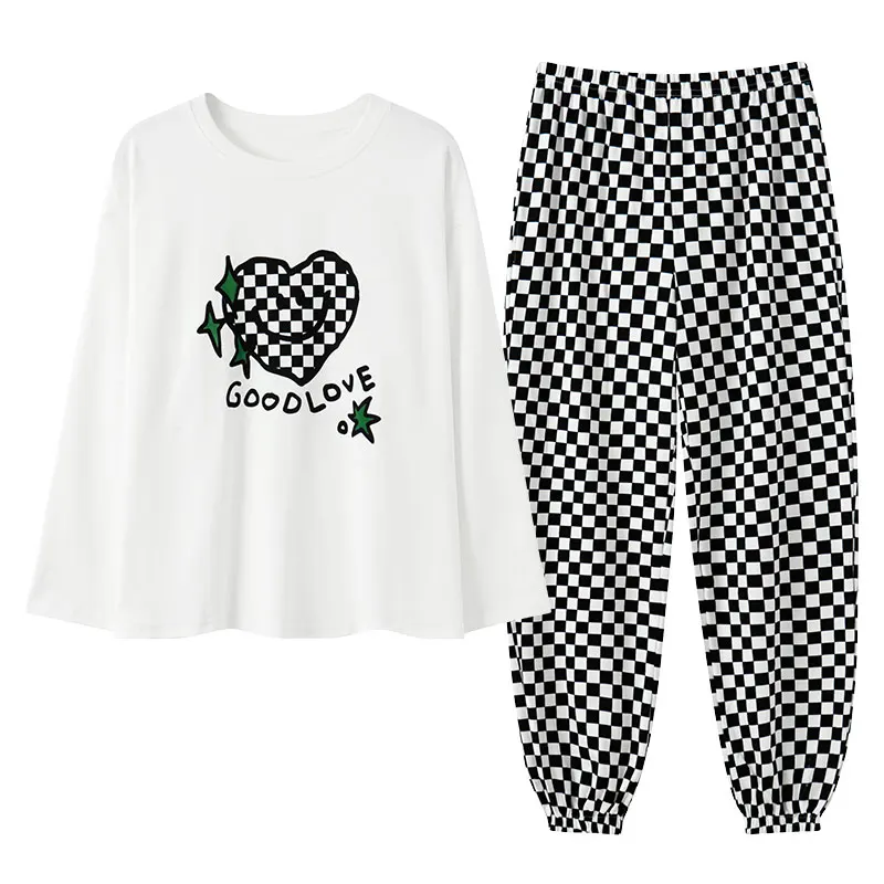 

Autumn 100% Cotton Pajama Sets Women Pyjamas Checked Sleepwear Loungewear Pijama Mujer 2XL Couple Night suits Homewear Fashion