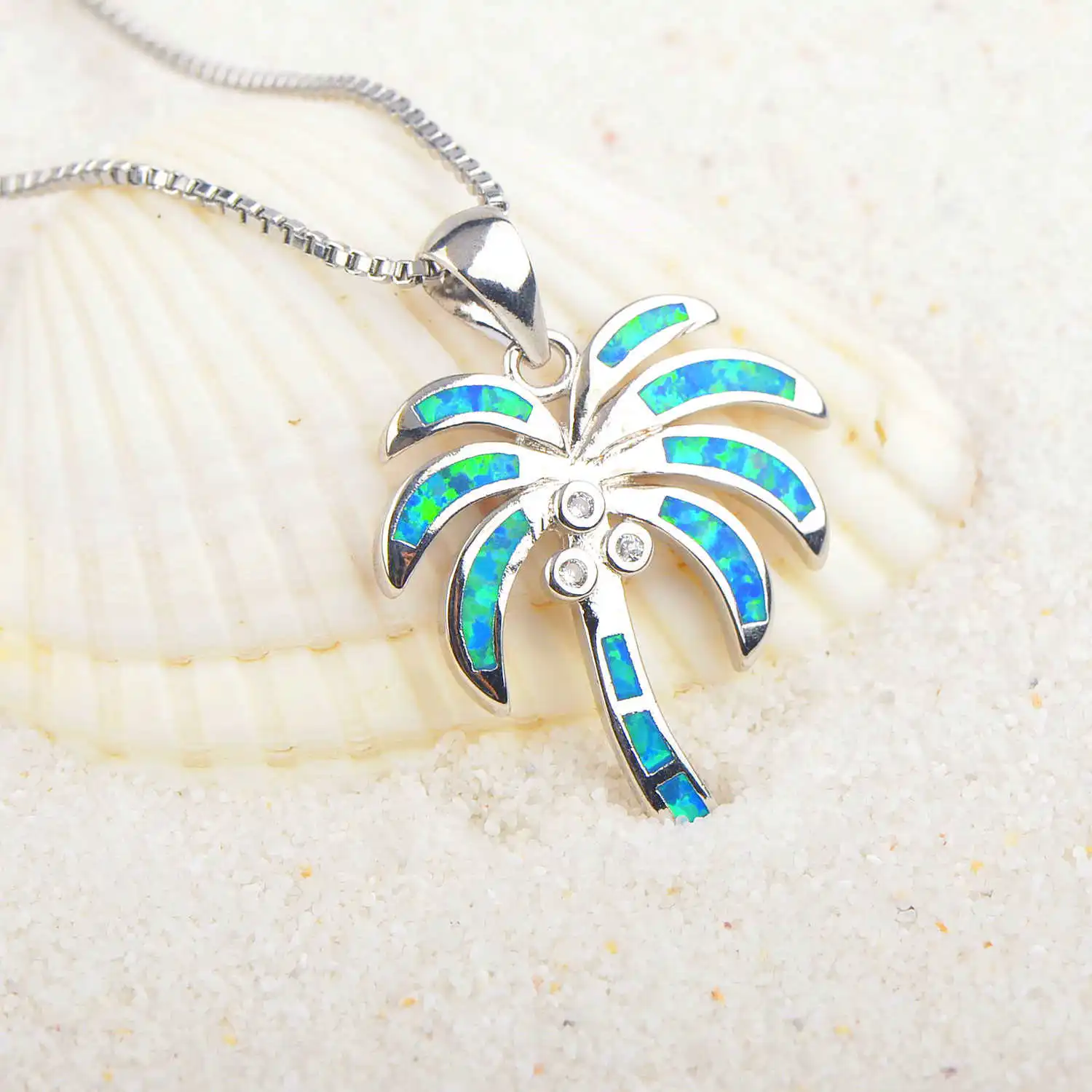 

925 Sterling Silver Created Opal Palm Tree Pendant For Women Necklace