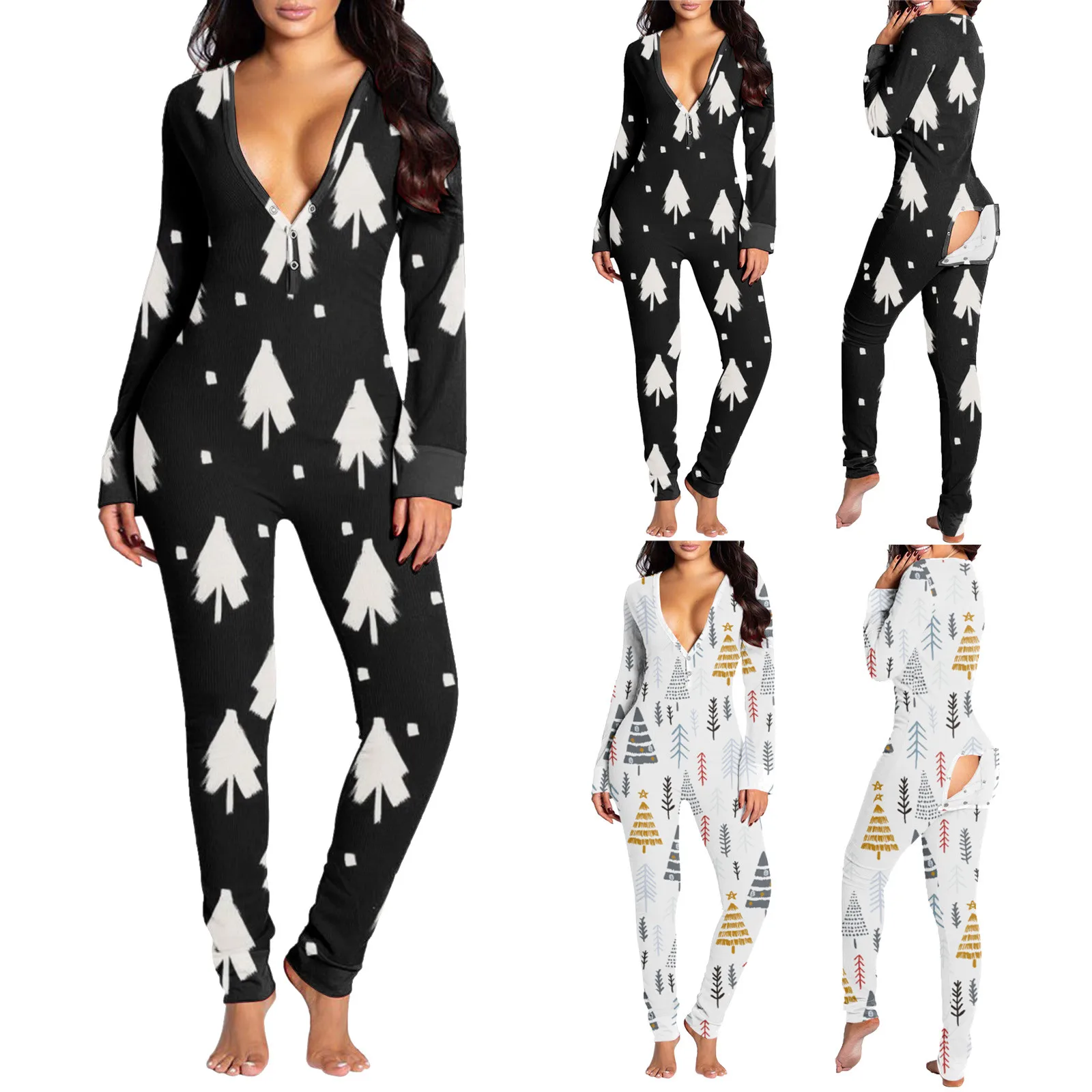 

Jumpsuits For Women Christmas Sexy Butt Button Back Flap Jumpsuit V Neck Long Sleeve Romper Pajamas Print Onesies Sleepwear 2023