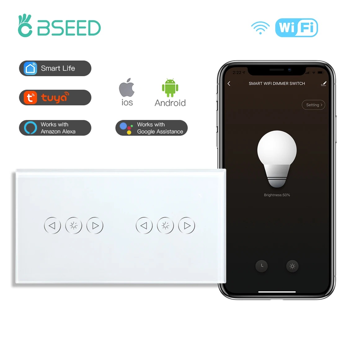 BSEED Wifi Double 1Gang 1way LED Dimmer Touch Switches Wall Light Dimmers Work with Tuya Smart Life Google App Glass Panel 10A