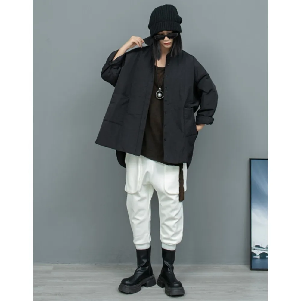 2024 зимний свободный тонкий хлопковый асимметричный кардиган куртка + белые брюки