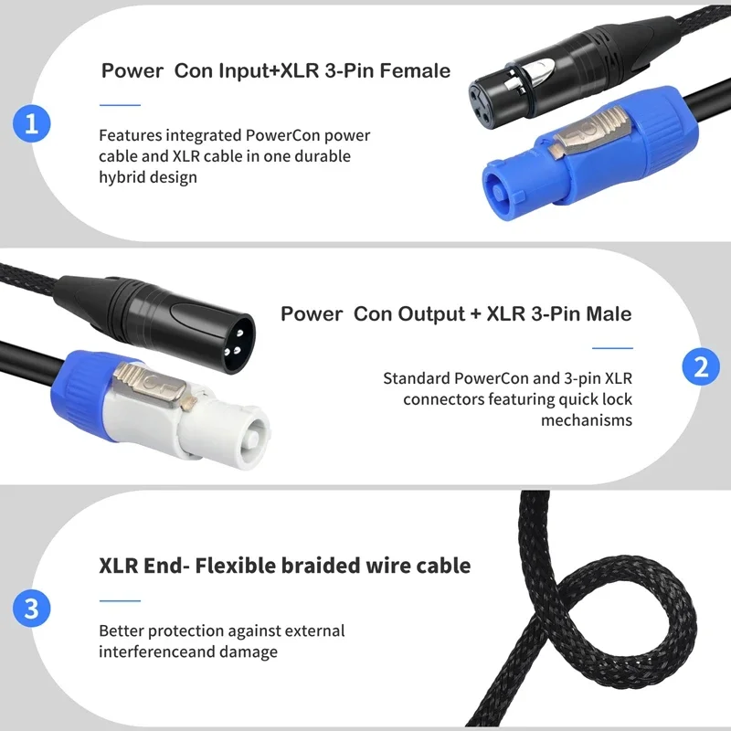 Фото Комбинированный кабель PowerCON DMX 1м, 2м, 3м, 5м, 7.6м, 3-контактный XLR и PowerCON, совместимый комбинированный кабель для подвижного осветительного оборудования. №4