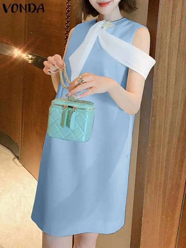 

VONDA Elegant Sundress 2023 Sleeveless Sexy Mini Dress Summer Women Streamer Casual Loose Beach Robe Femme O-Neck Short Vestidos