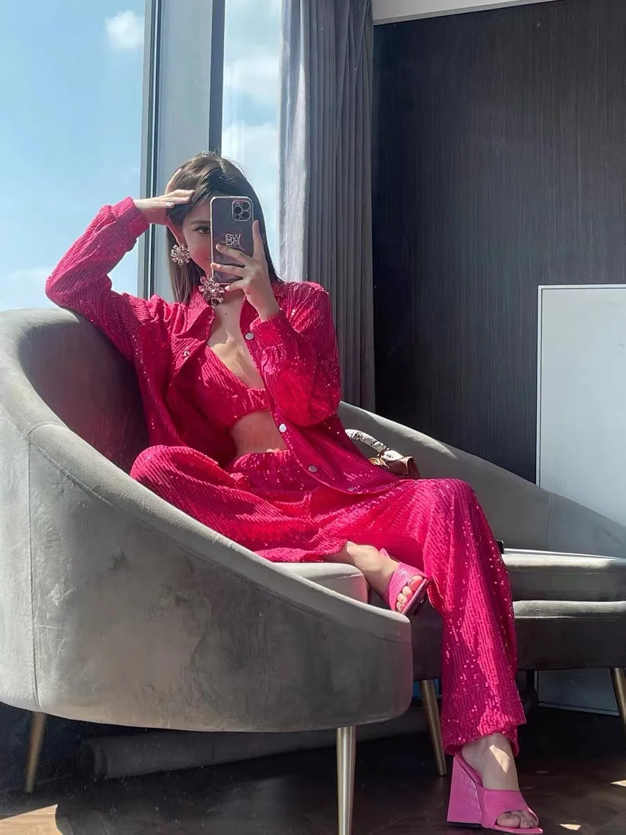 Комплект женских брюк с зелеными блестками Блестящий Модный женский костюм для