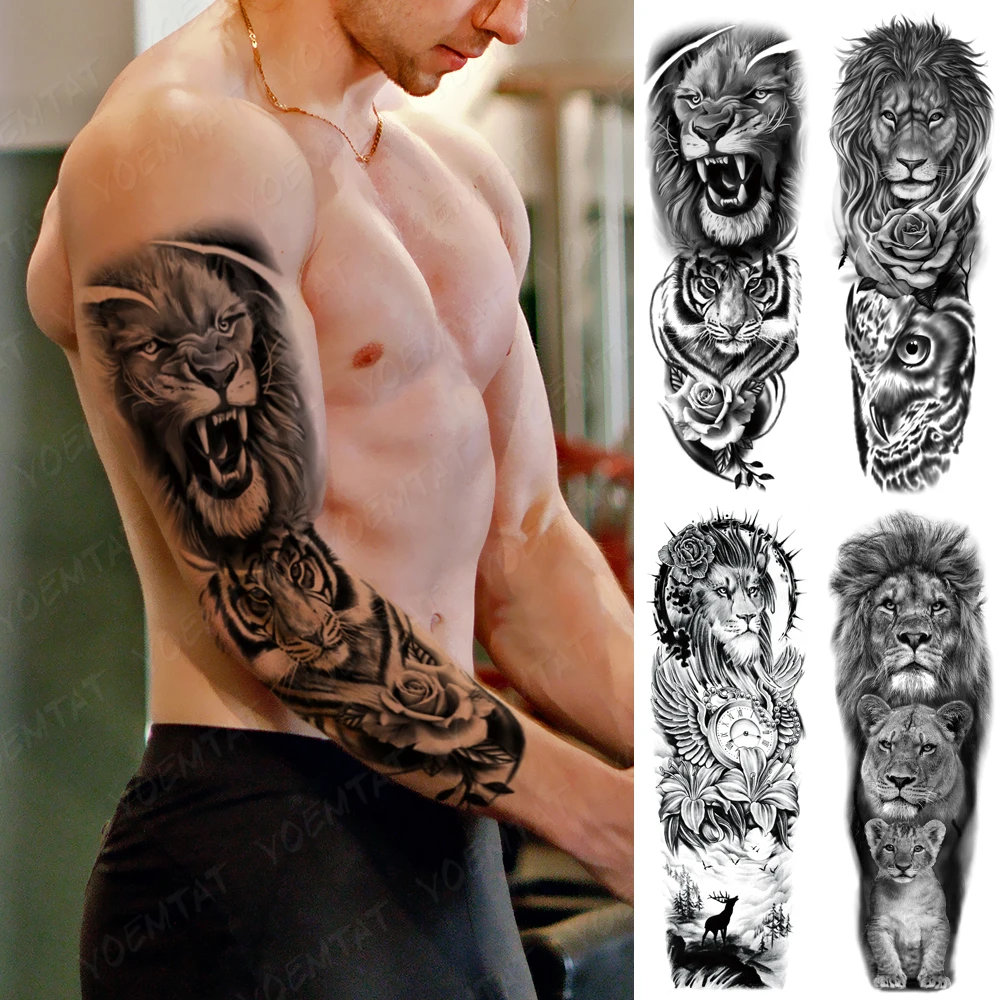 

Animal Waterproof Temporary Tattoo Sticker Tiger Lion Ferocious Beast Body Art Rose Flower Large Fake Tatto Men Women Tattoos