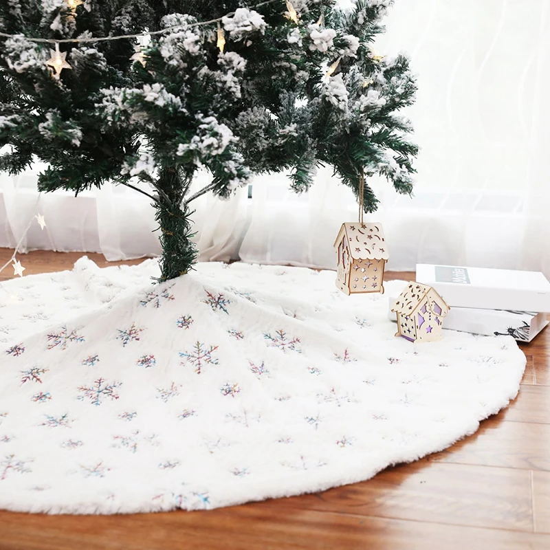 

90/122cm Christmas Tree Skirt Faux Fur Carpet Snowflake White Plush Mat For Home Xmas Tree New Year Decor Noel Apron Ornament