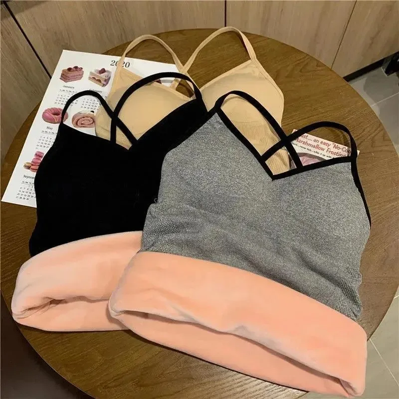 

Thermal Underwear Velvet Vest Winter New Women’s Simple Solid With Chest Pad Camisole Slim Warm Sling Vest Female Bottoming Tops