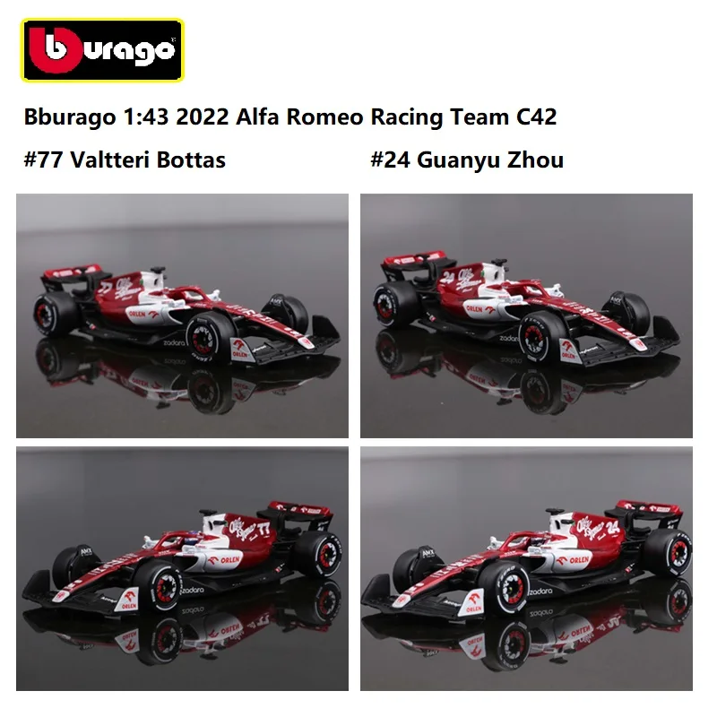 

Bburago 1:43 2022 Alfa Romeo C42 #24 Guanyu Zhou #77 Valtteri Bottas DieCast Model Car F1 Racing