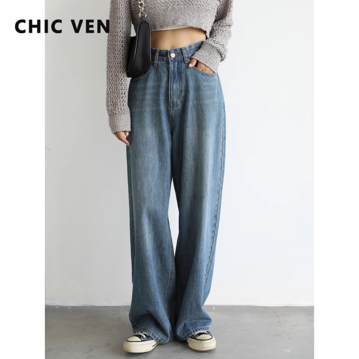 

CHIC VEN Women's Denim Pants Blue Wide Leg Jeans Cotton High Waist Casual Loose Trousers Office Ladies Woman Spring Autumn 2022
