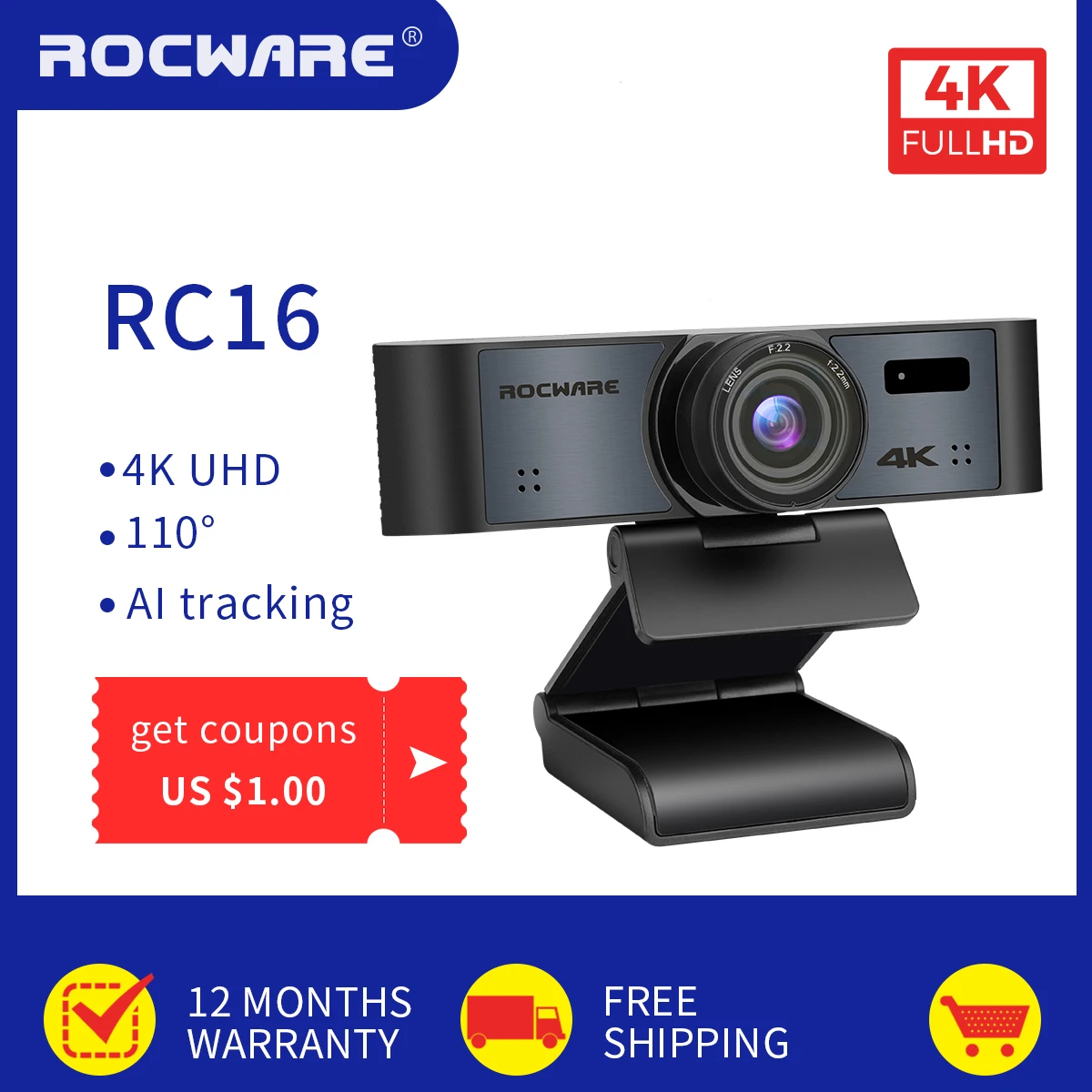 

Rocware компактная широкоугольная 110 градусов широкоугольная камера для красивого ПК 4K ultra HD с автослежением eptz камера с микрофоном
