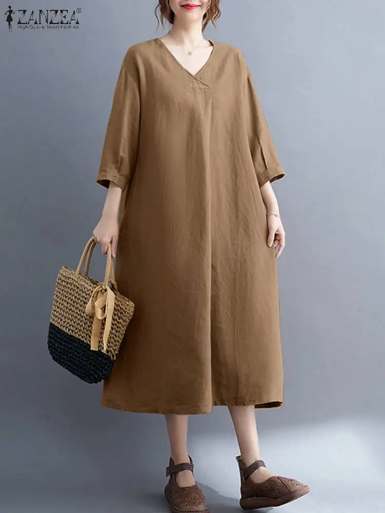 

Модель 2022 года, модные женские платья ZANZEA, летние хлопковые льняные платья-Макси с рукавом 2022, повседневные однотонные мешковатые сарафаны ...