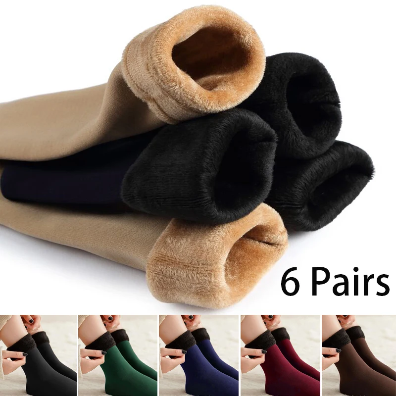 6 Pairs Plush Women Socks Winter Warm Thicken Thermal Snow Socks Solid Color Floor Men Socks Soft Velvet Wool Cashmere Home