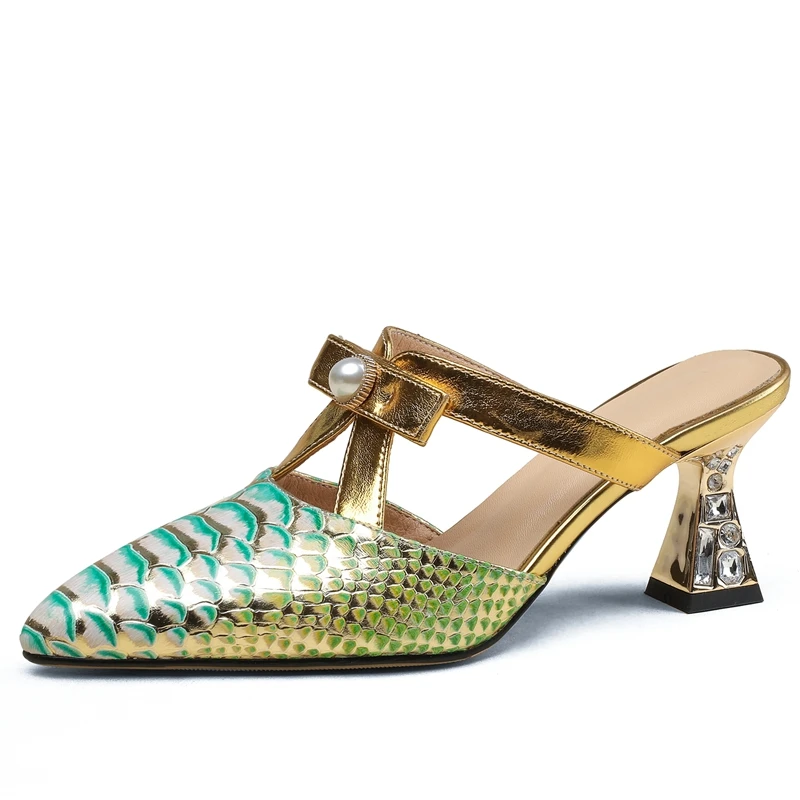 Autuspin New Genuine Leather Women Pumps Summer Elegant Pointed Toe Ladies High Heels Party Wedding Prom Pearl Decoration Shoes