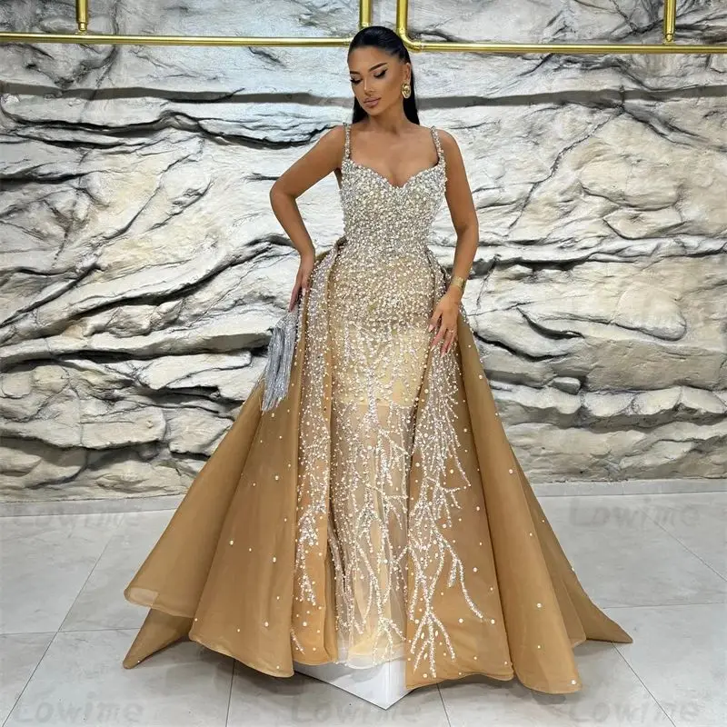 2025 Dark Champagne Party Dress 2 In 1 Arabic Mermaid Prom Dresses With Detachable Train Full Pearls Beaded Evening Gowns Custom