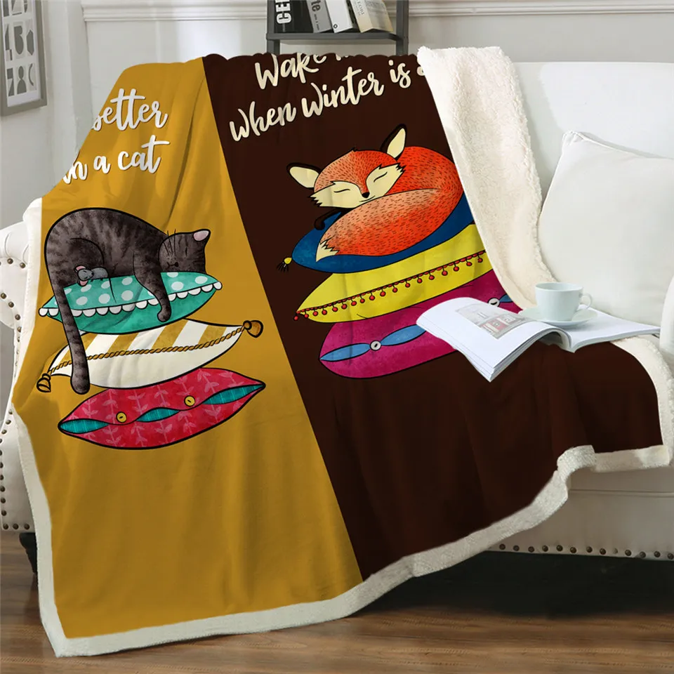 

Fashionable Blanket Fox Cat 3D Print Throwing Blanket Sleeping Animal Plush Sheet Cartoon Fur Blanket Color Sheet Bedding