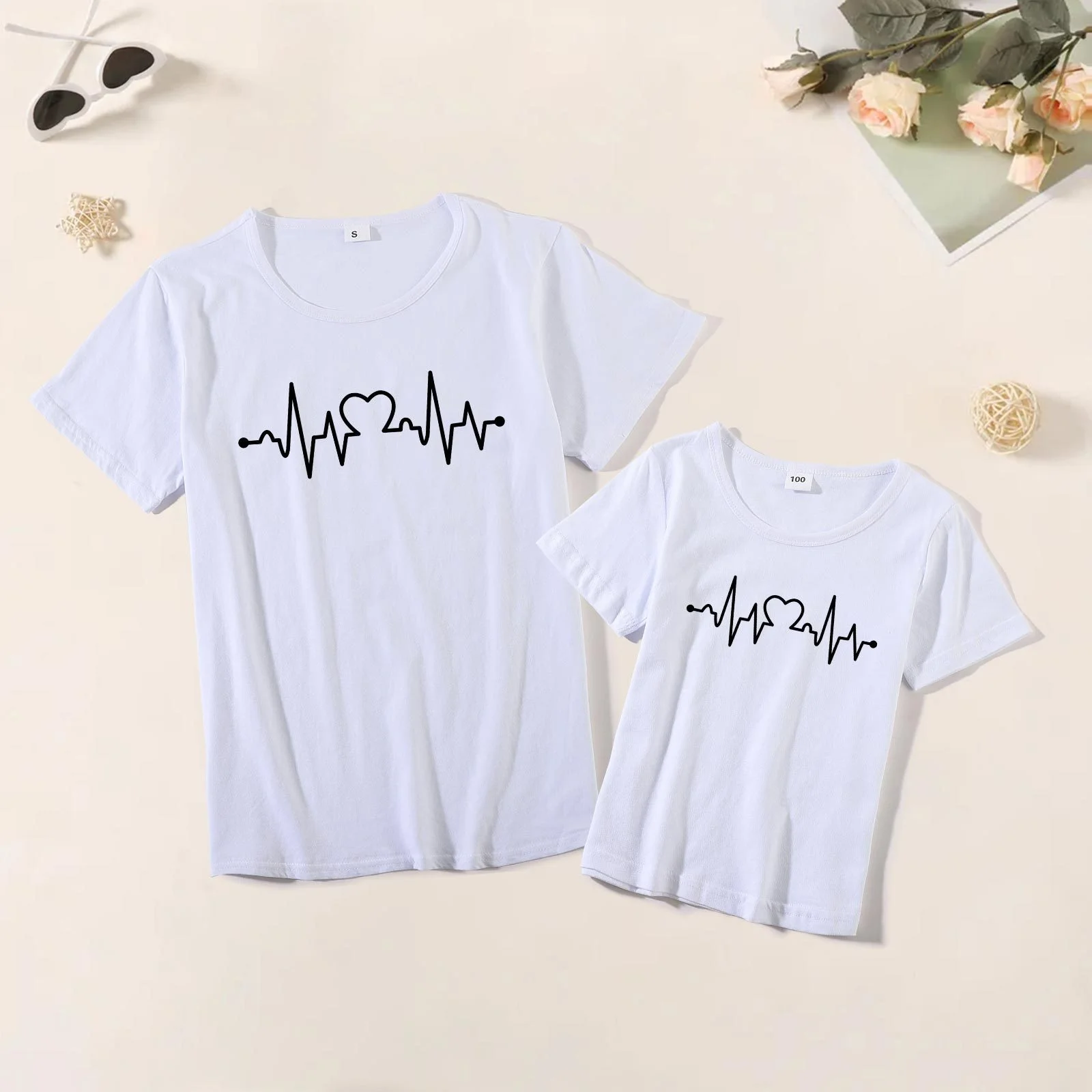 

Valentine's day love creative cartoon printed women's shirt mother and girl short sleeves tee LEW2