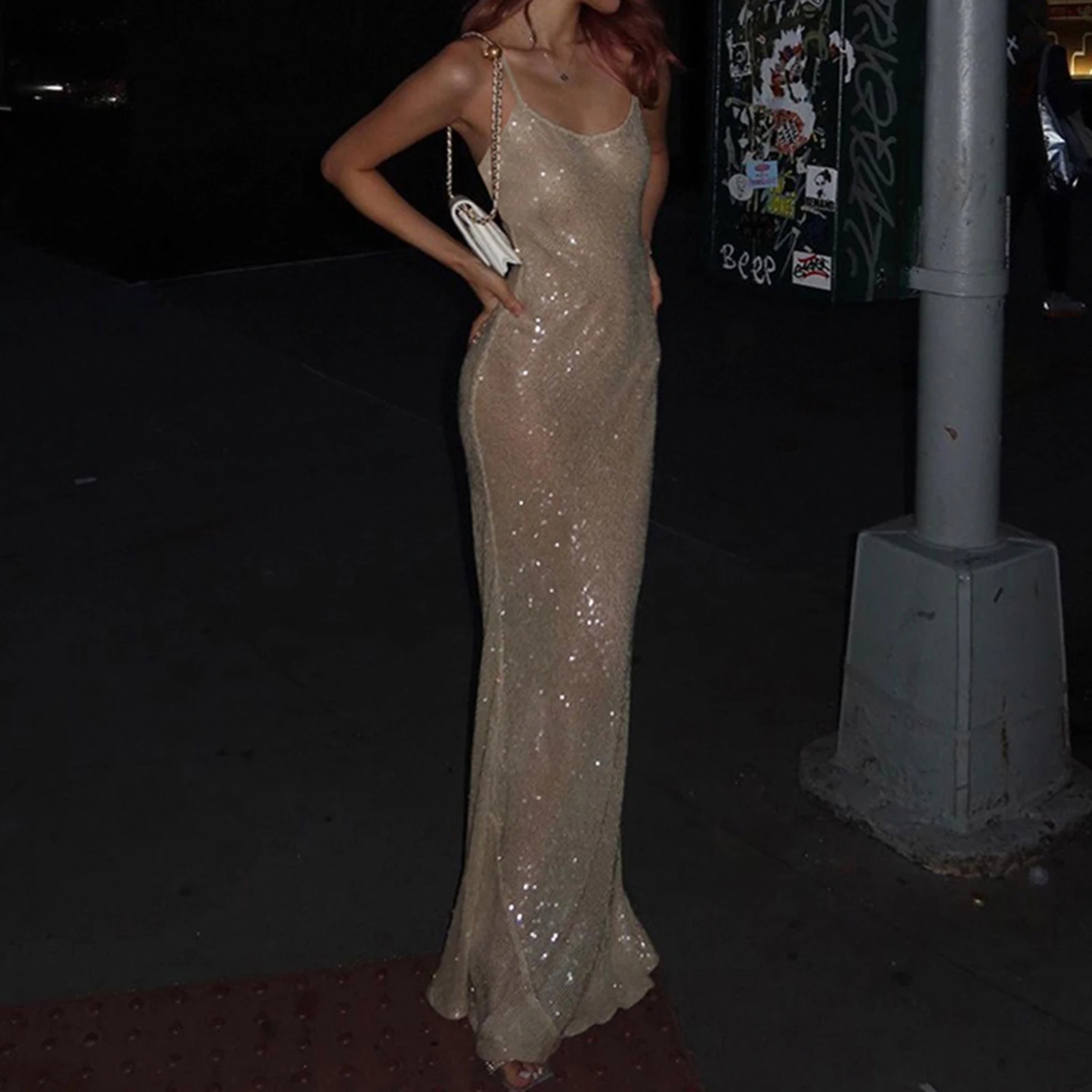 

Women Spaghetti Strape Maxi Dress Chic Ladies Sleeveless Maxi Dress Shining Slim Fit See Through for Evening Party Dating