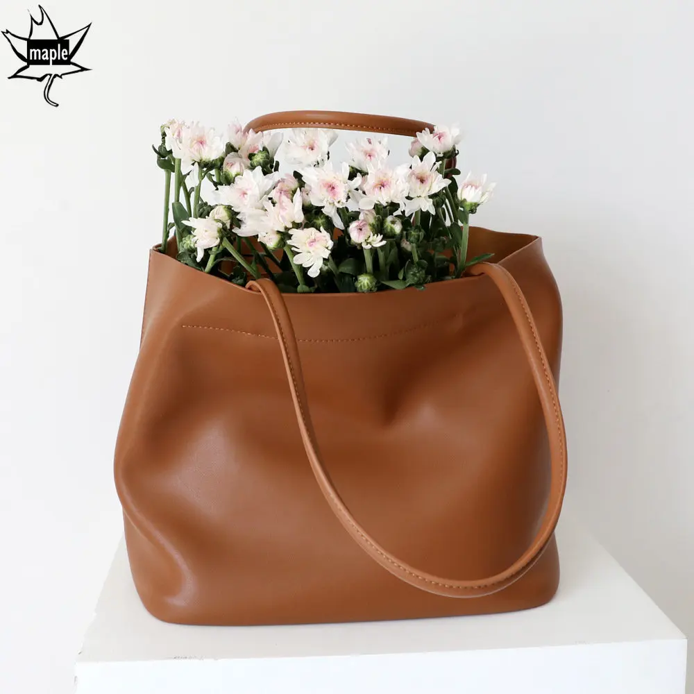 2021 Simple Design Caramel White Shopping Tote Bag Large Capacity Cowhide Leather Women Handbag Soft Ladies Shoulder Bag