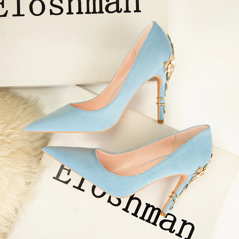 Elegant Metal Carved Heels Women Pumps 2023 High Quality Fashion Sexy Suede High Heels 10cm Shoes Woman Wedding Shoes