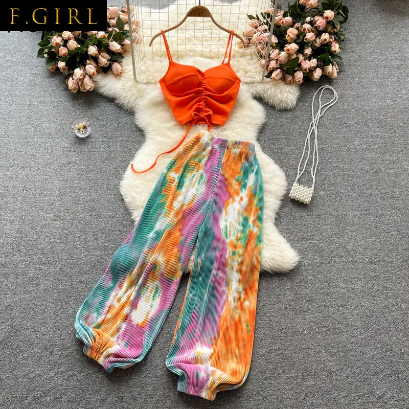 F GIRLS Beach Style Two-piece Suit Women 2022 New Style Sling Camisole Tops|+ Tie-dye Wide-leg Pant Fashionable Flare Pants