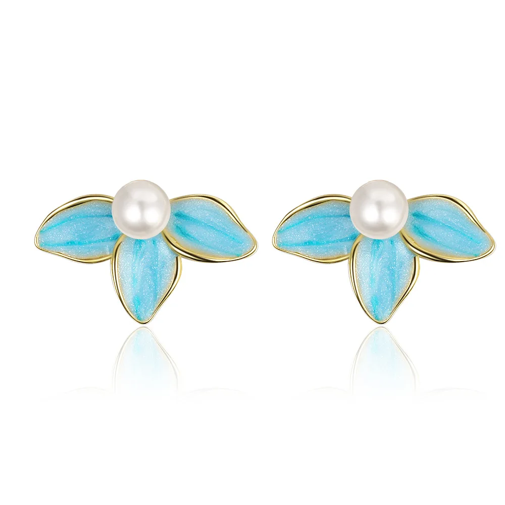 

Shading S925 silver blue three-petal flower earrings synthetic earrings female lady contracted earring stud earrings