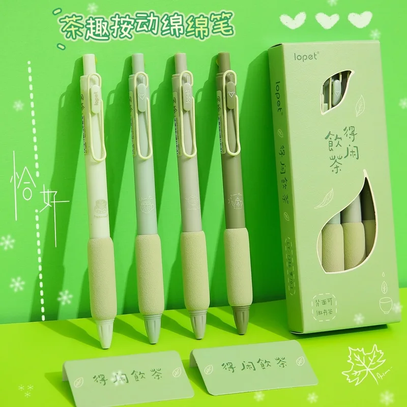 

4pcs 1 Box Matcha Green Push-action Pen Simple Neutral Pen St Tip Black Carbon Signature Pen Students High Value Brush Question
