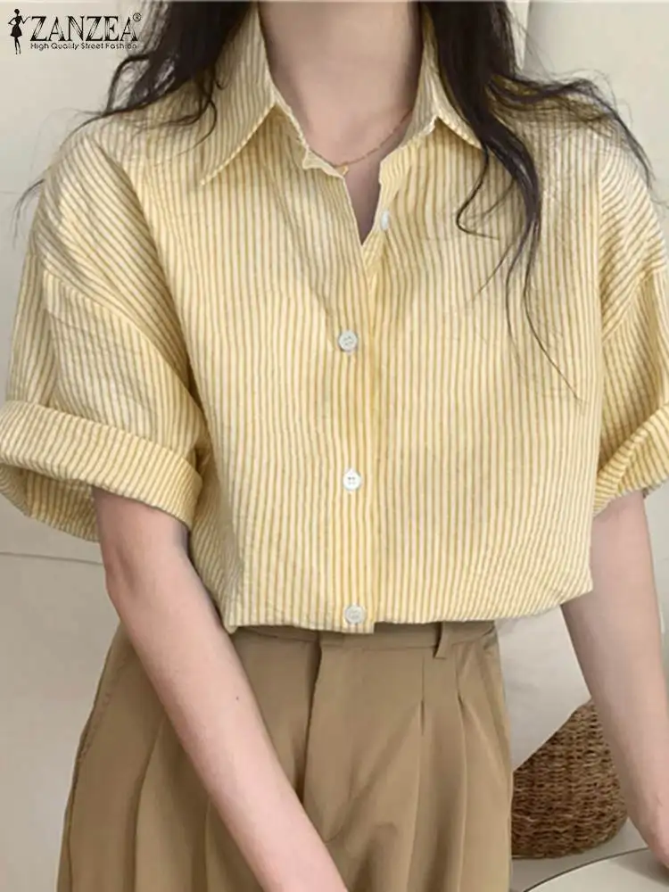 

ZANZEA Fashion OL Work Shirt Woman Summer Stripe Printed Blouse Female Short Sleeve Lapel Neck Chemise Elegant Blusas Oversized
