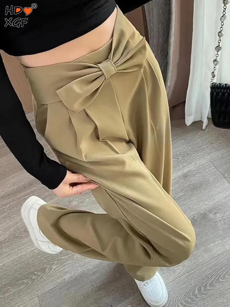 

Элегантные Роскошные брюки с бантом и боковой молнией, широкие брюки с высокой талией для женщин, корейские модные облегающие Костюмные брюки, женские офисные брюки