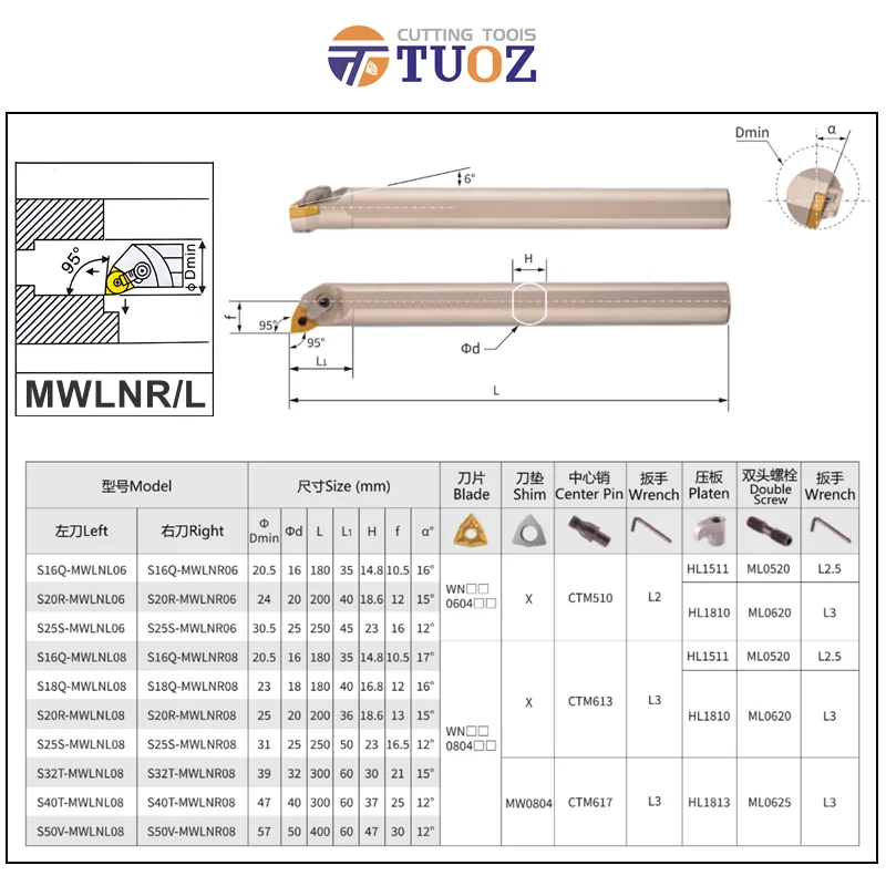 TUOZ MWLNR 95 ° Токарный станок S16Q-MWLNR08 S16Q-MWLNL08 S20R-MWLNR08 S20R-MWLNL08 S25S-MWLNR08 S25S-MWLNL08 Инструменты