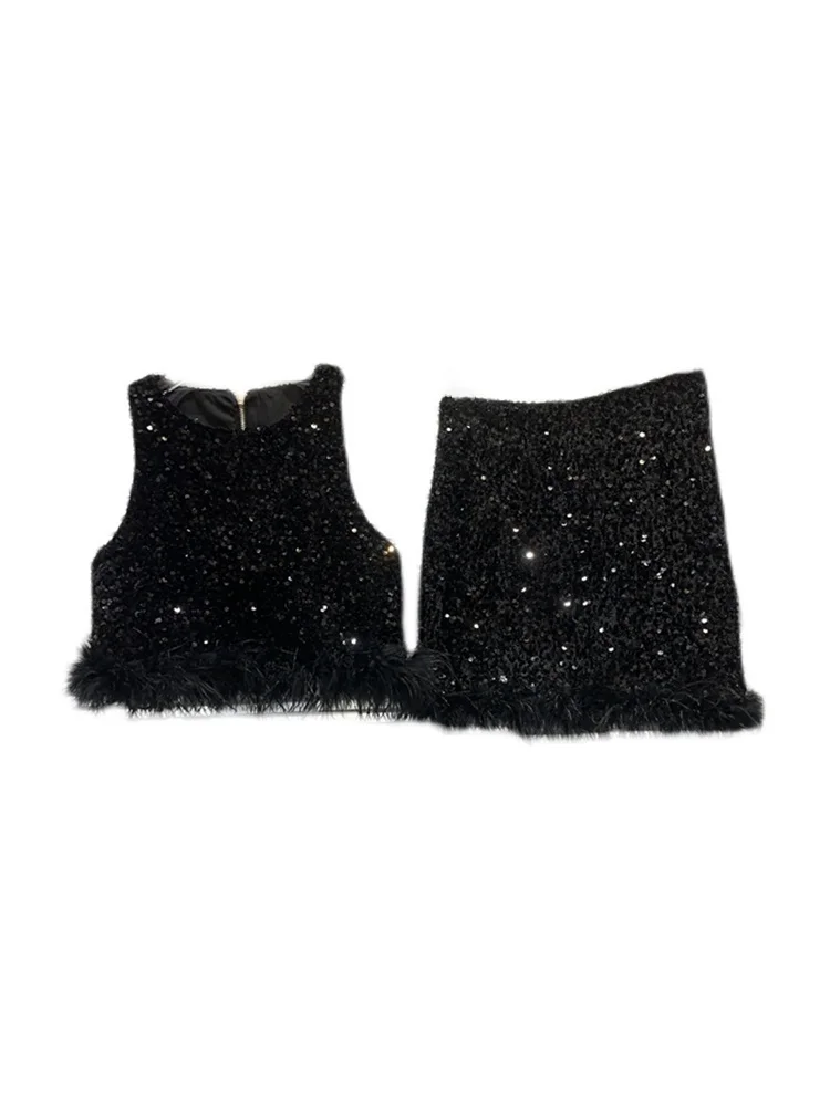DEAT Брюки с перьями на подоле жилет без рукавов молнии женские вечерние юбки