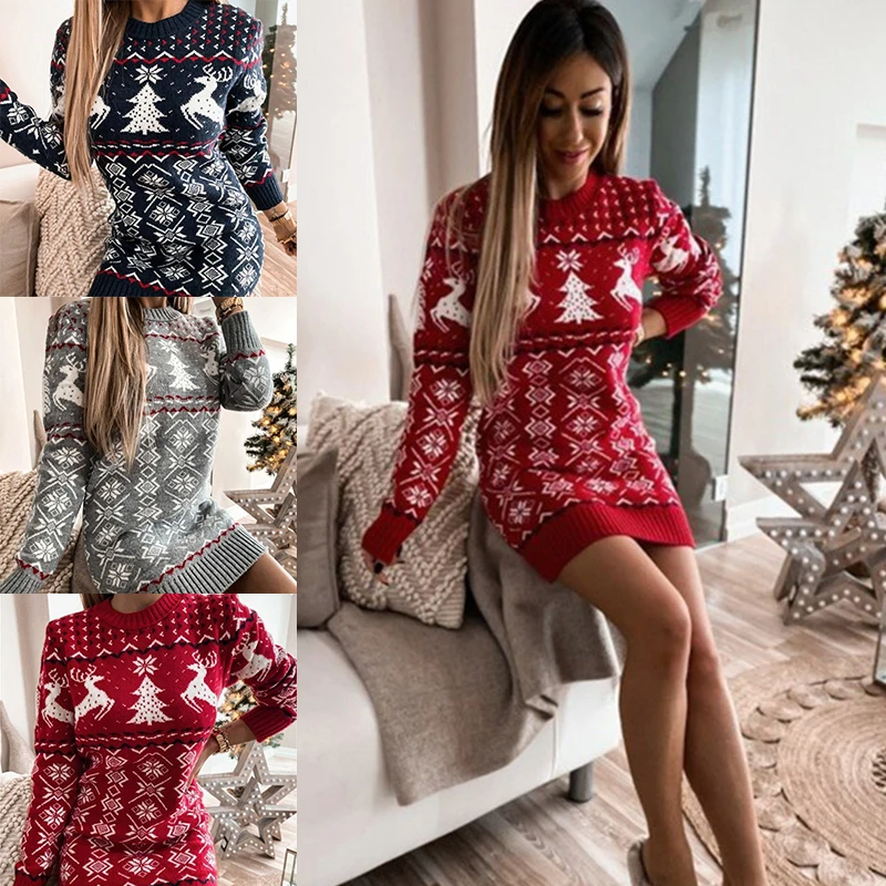 

Рождественские облегающие вязаные платья для женщин, Новогодняя одежда, рождественское платье-свитер для девочек, джемперы с длинным рукав...