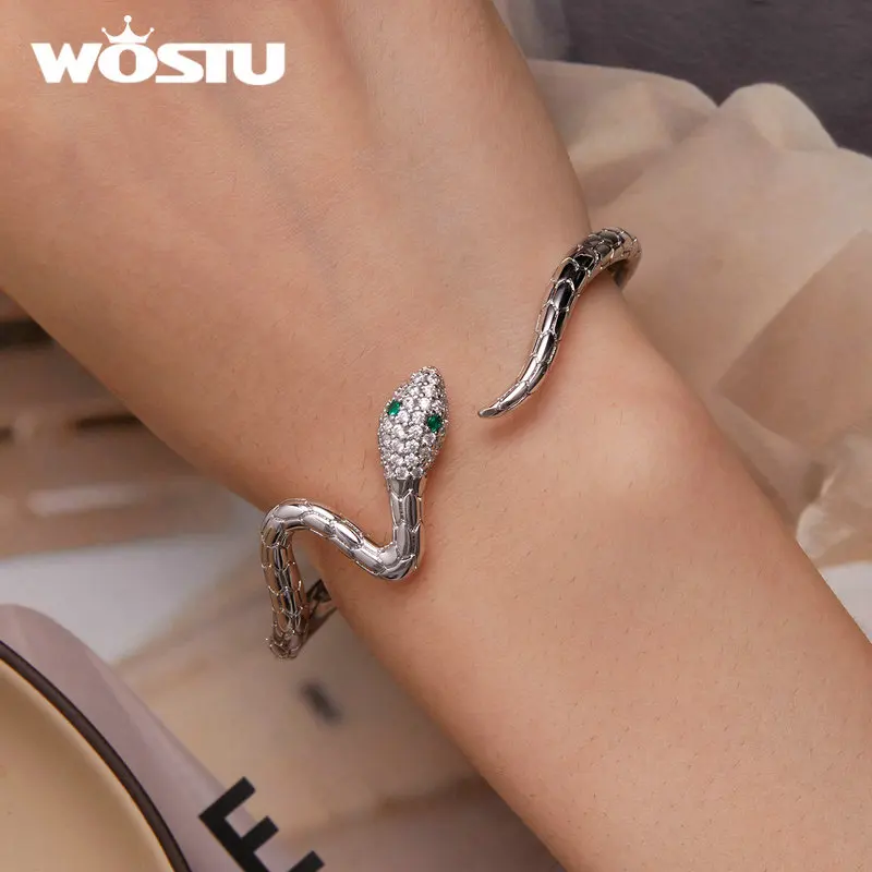 Женский классический браслет-змея из циркония, серебристого цвета