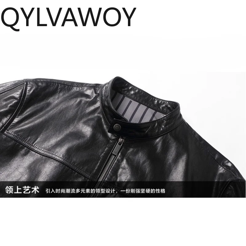 Фото QYLVAWOY Кожаная куртка из натуральной кожи для мужчин, с воротником-стойкой, весенне-осенняя мотоциклетная куртка, модная мужская куртка (Chaqueta Hombre) №5